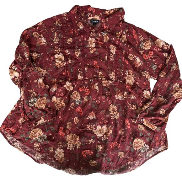 Torrid Top Womens Size 2X Burgundy Floral Professional Modest Work Church - Picture 1 of 6